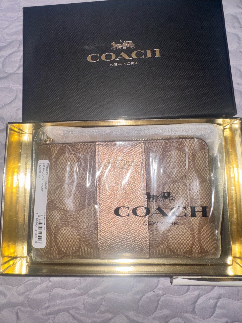 COACH Brown Signature Canvas Accordion Card Holder with Metallic Accent